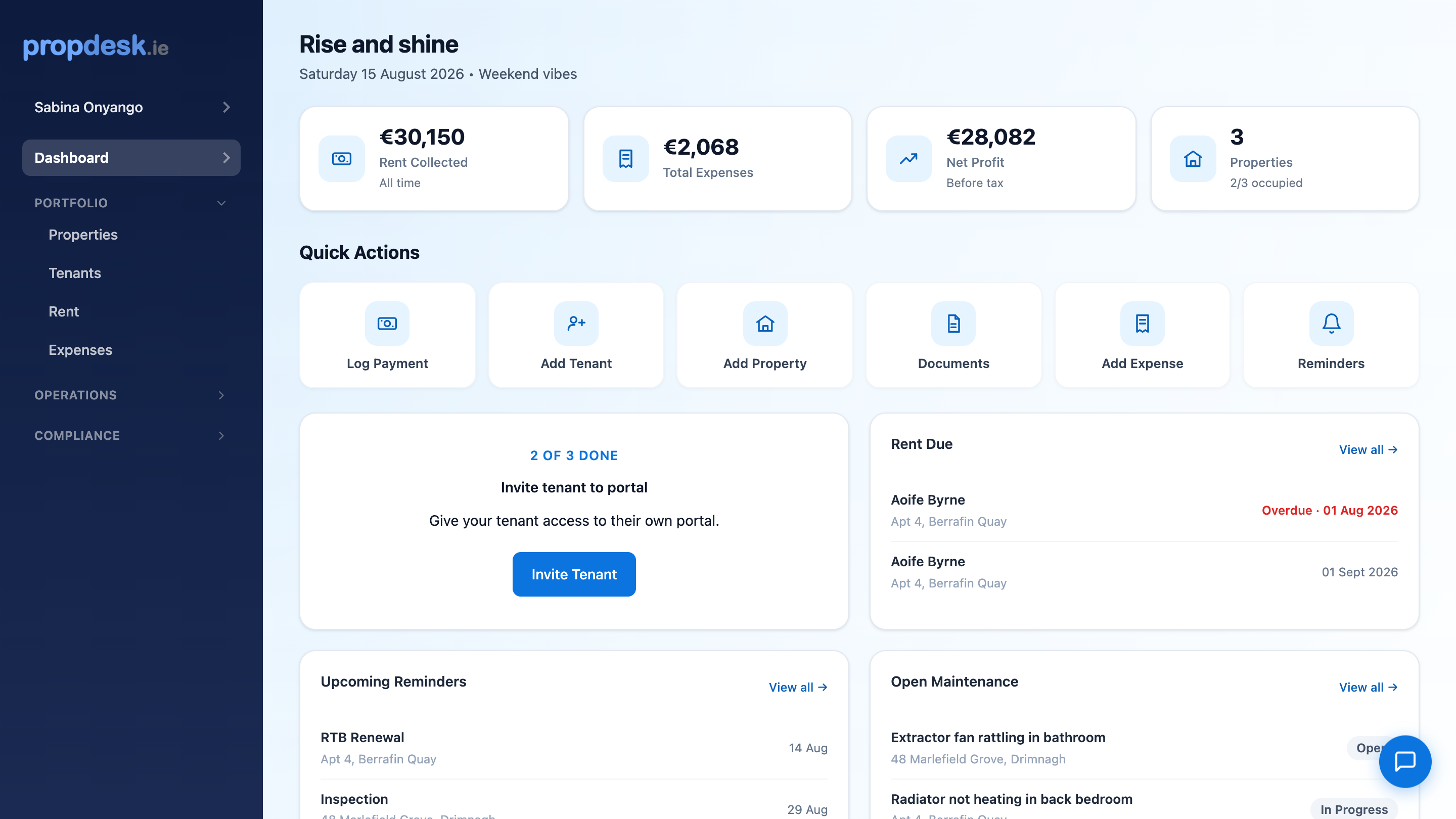 propdesk dashboard showing rent collected, net profit, quick actions and upcoming reminders