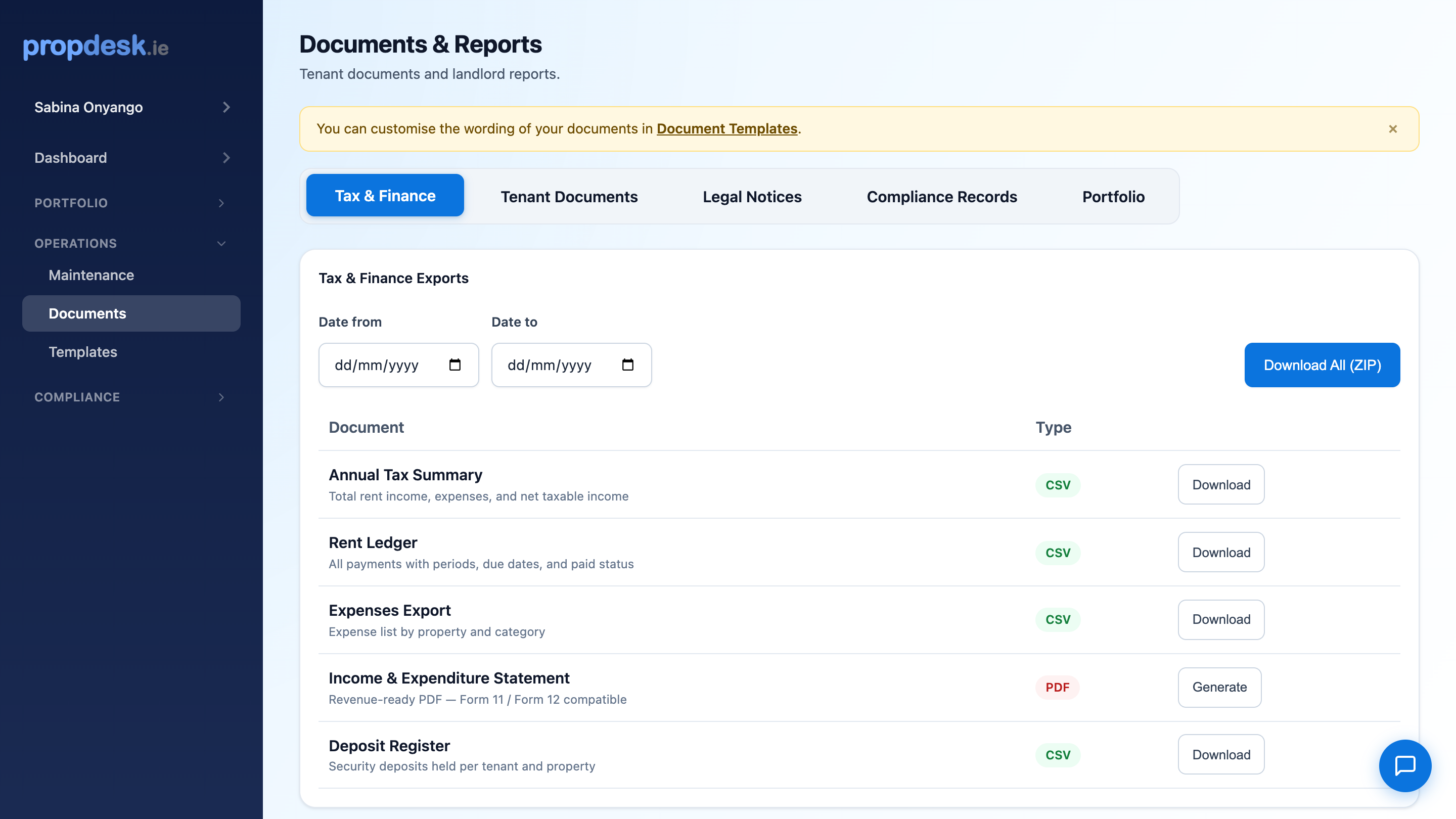 Lease documents, tax exports and legal notice generation