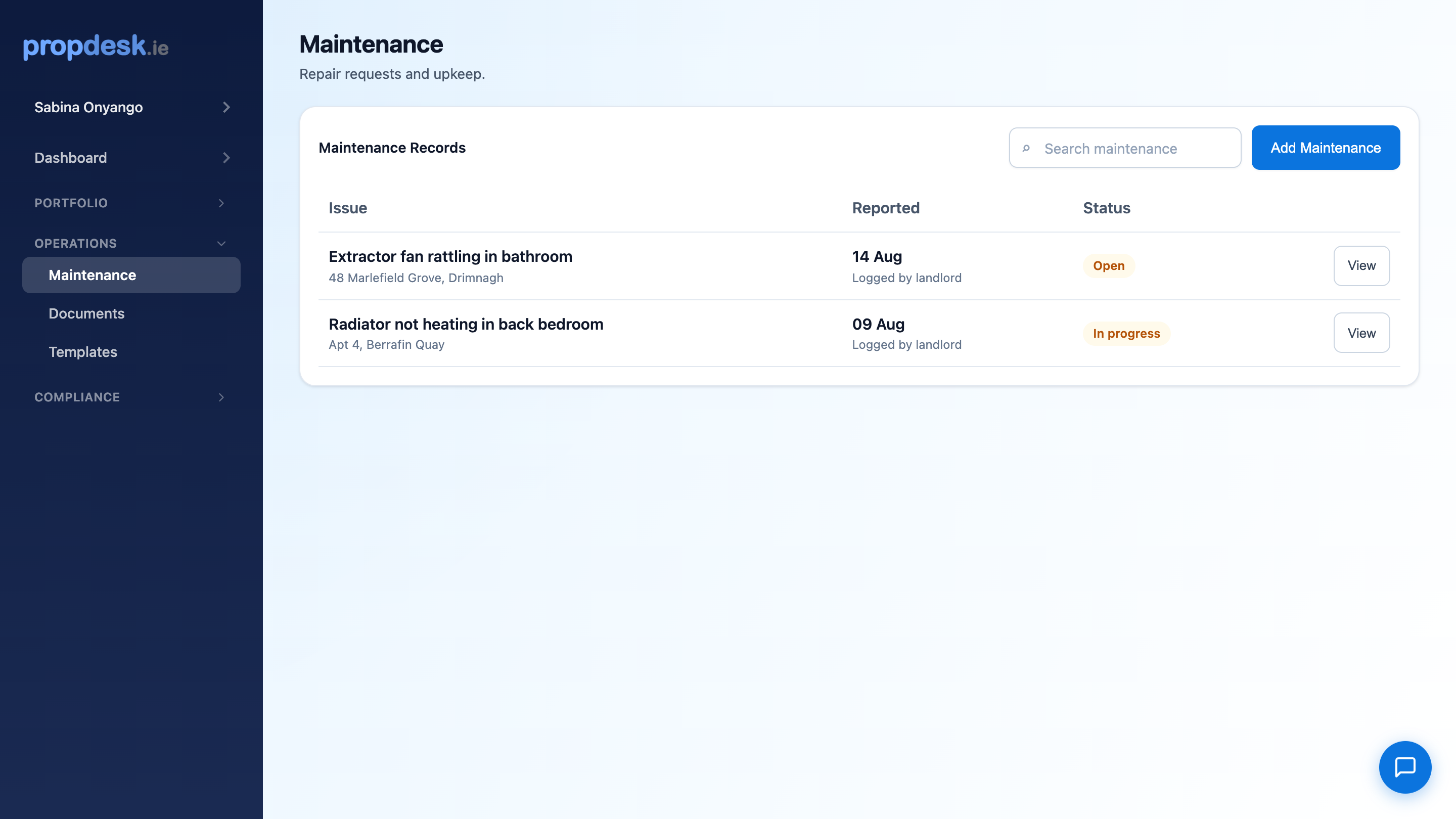 Maintenance requests tracked from report to resolution