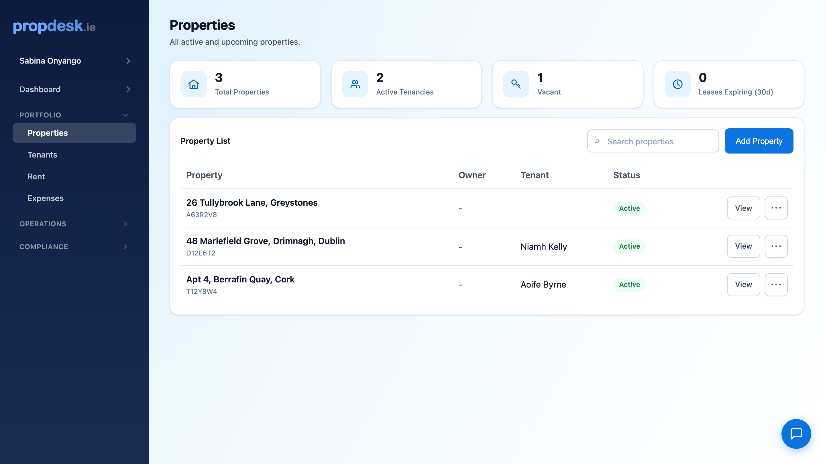 Property portfolio list with occupancy and rent