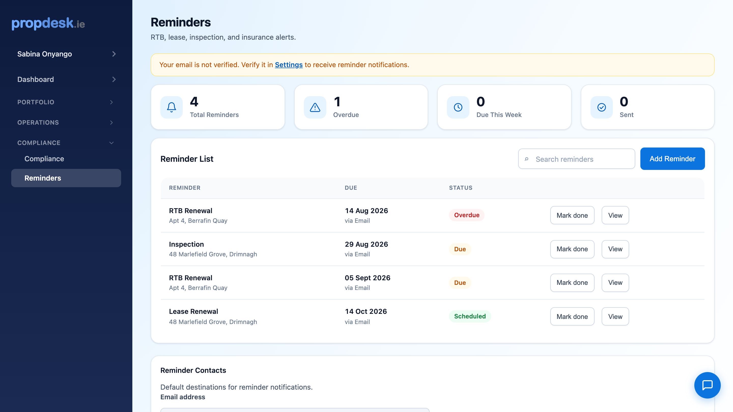 Smart reminders for rent, RTB renewals and insurance expiry