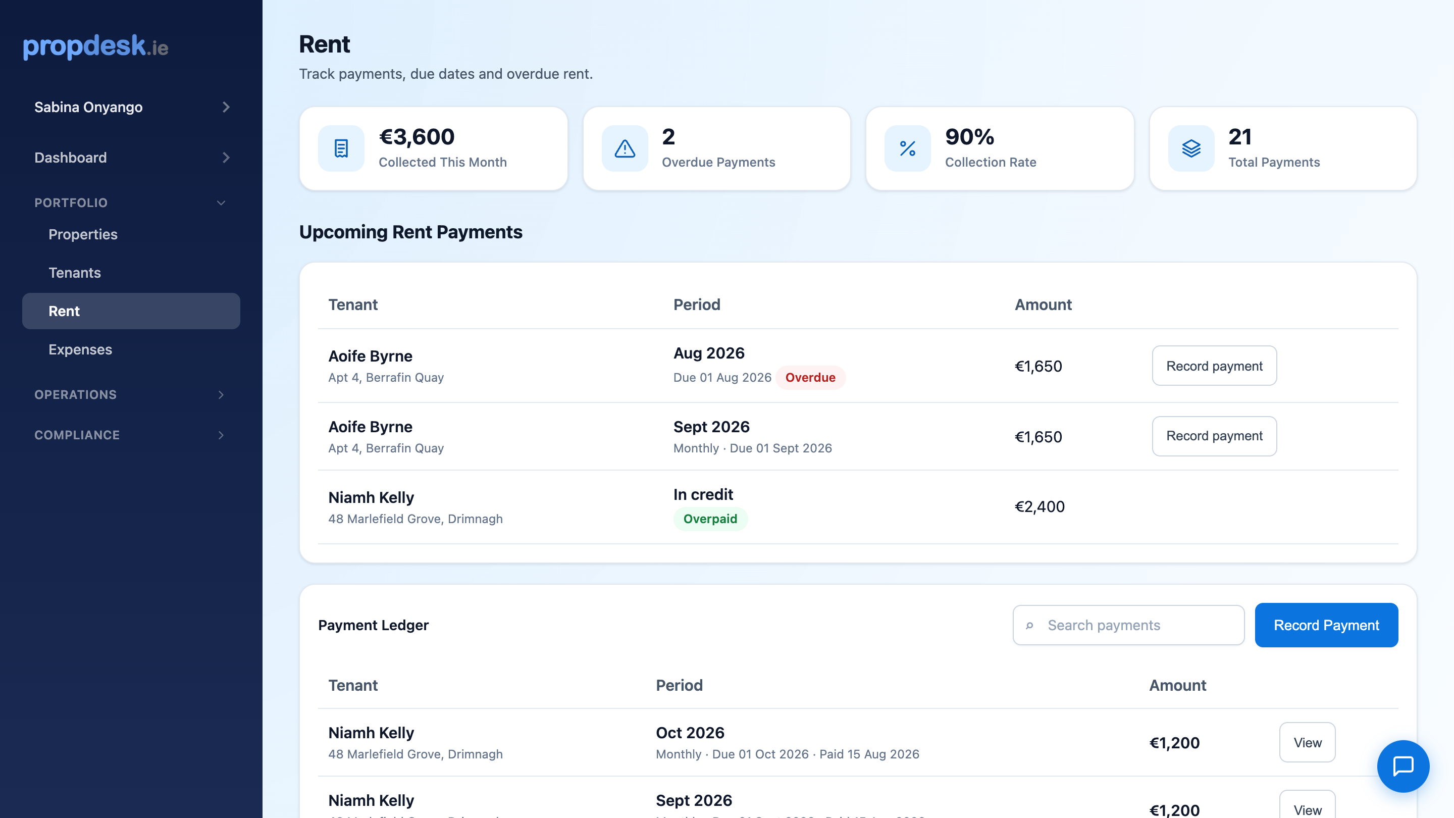 Rent tracking with upcoming payments and a full payment ledger