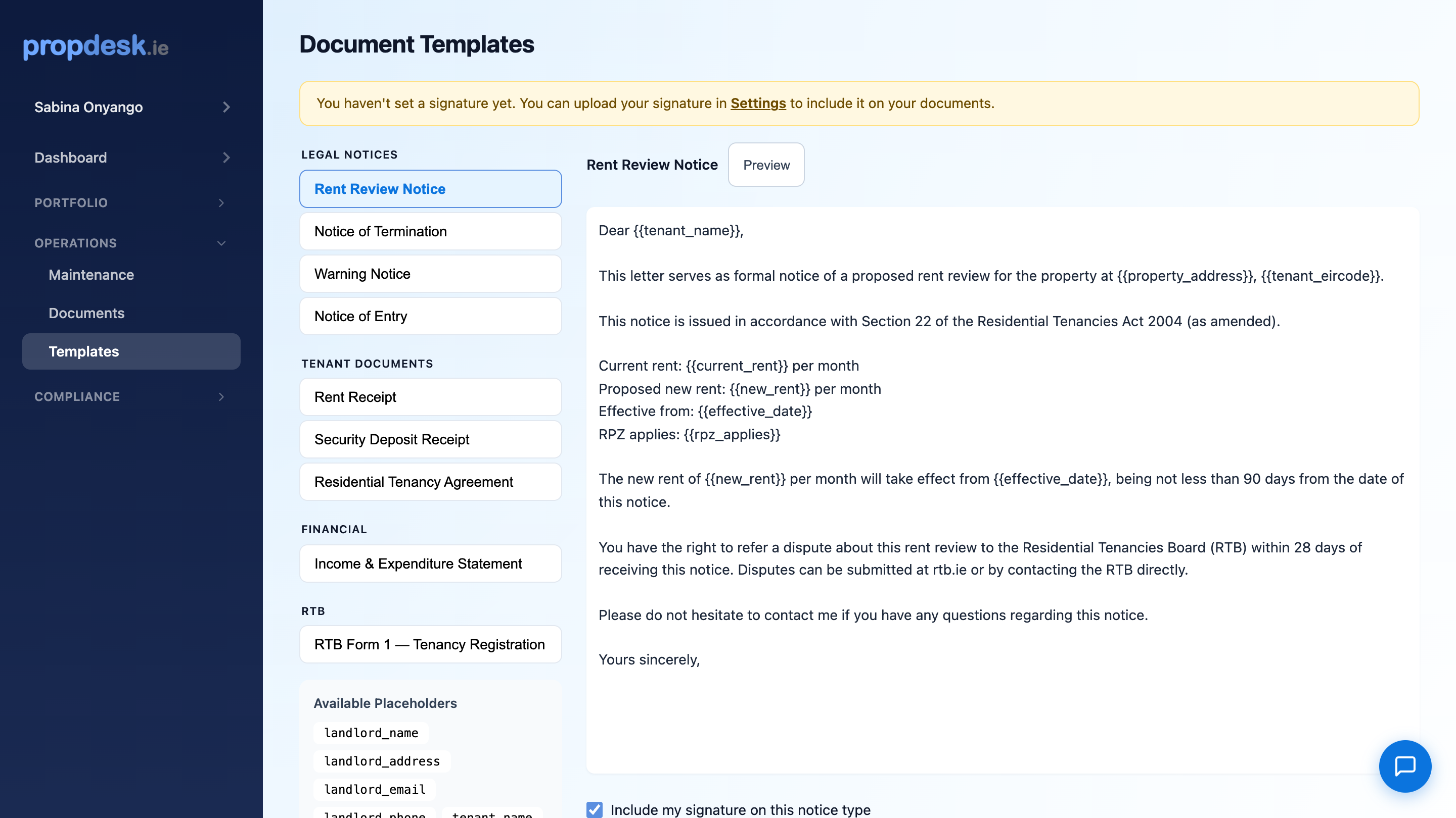 Customisable document and notice templates