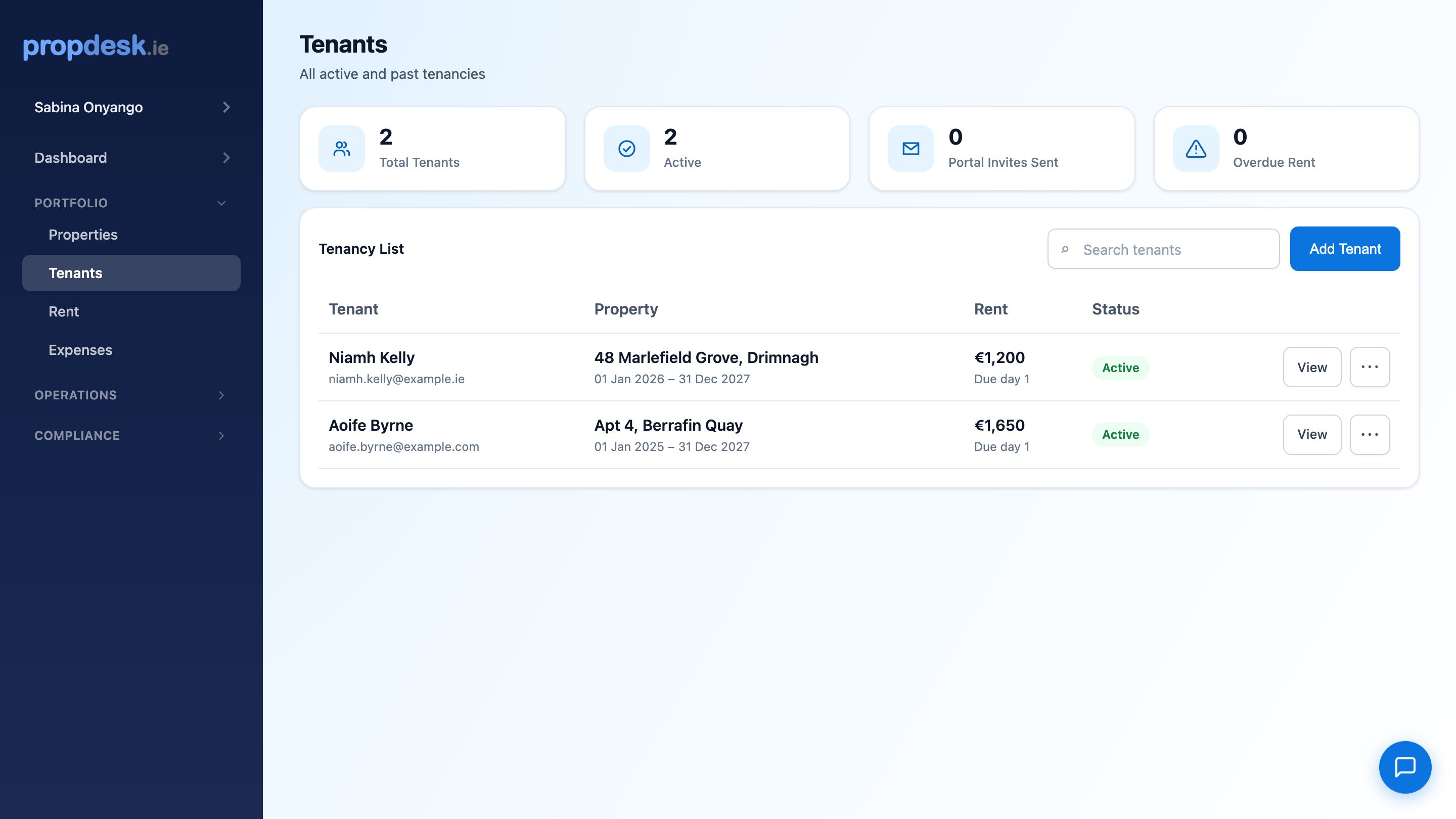Tenant list with leases and portal invites